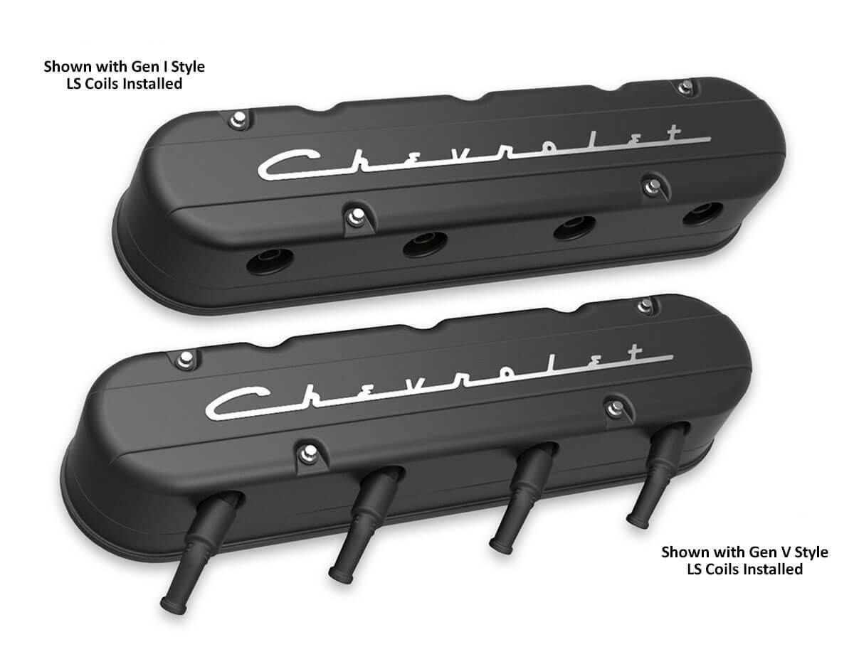 2-Pc LS Chevrolet Script Valve Covers - Black Machined Finish - 241-177