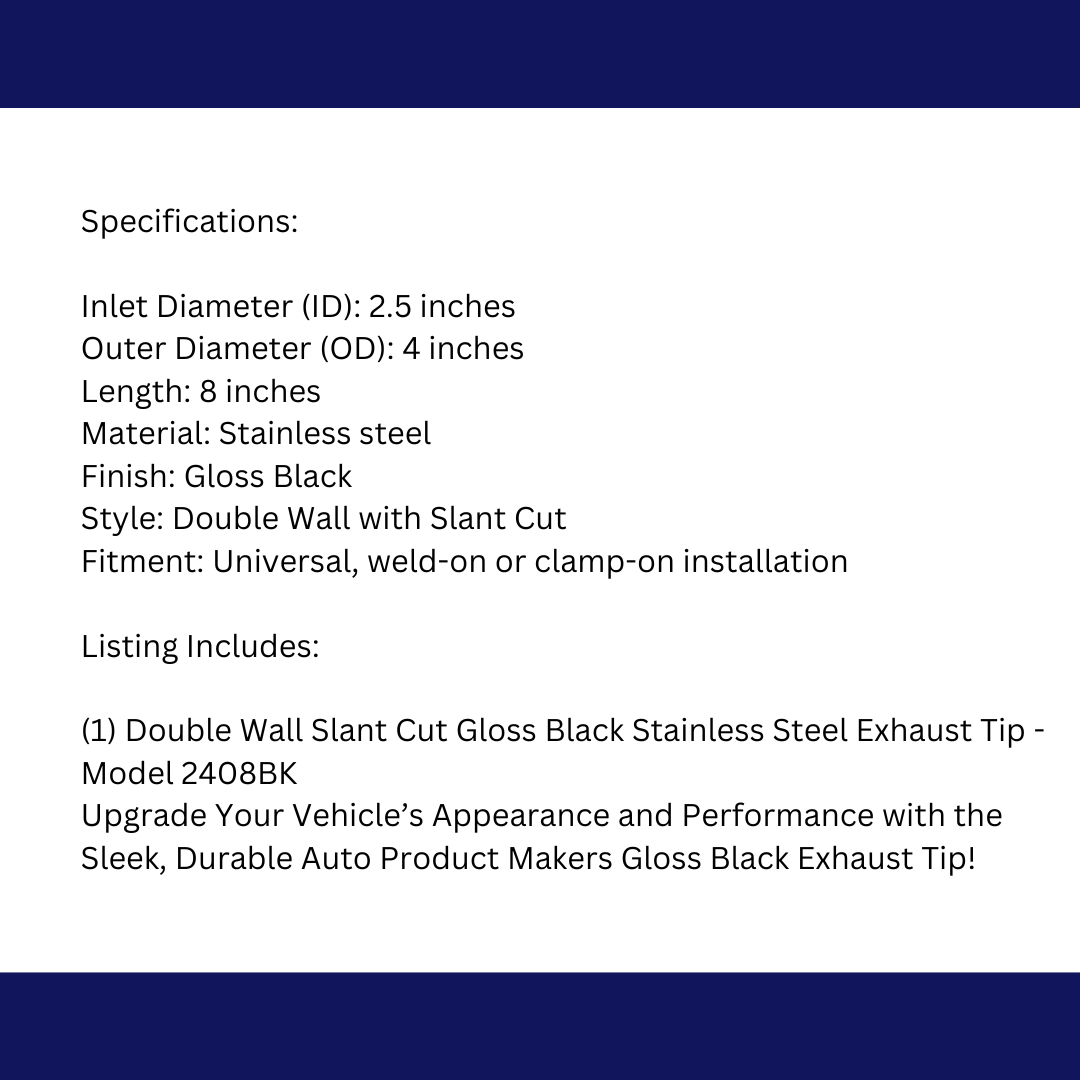 2.5" IDX4"X8" Double Wall Slant Cut Stainless Gloss Black Exhaust Tip 2508BK