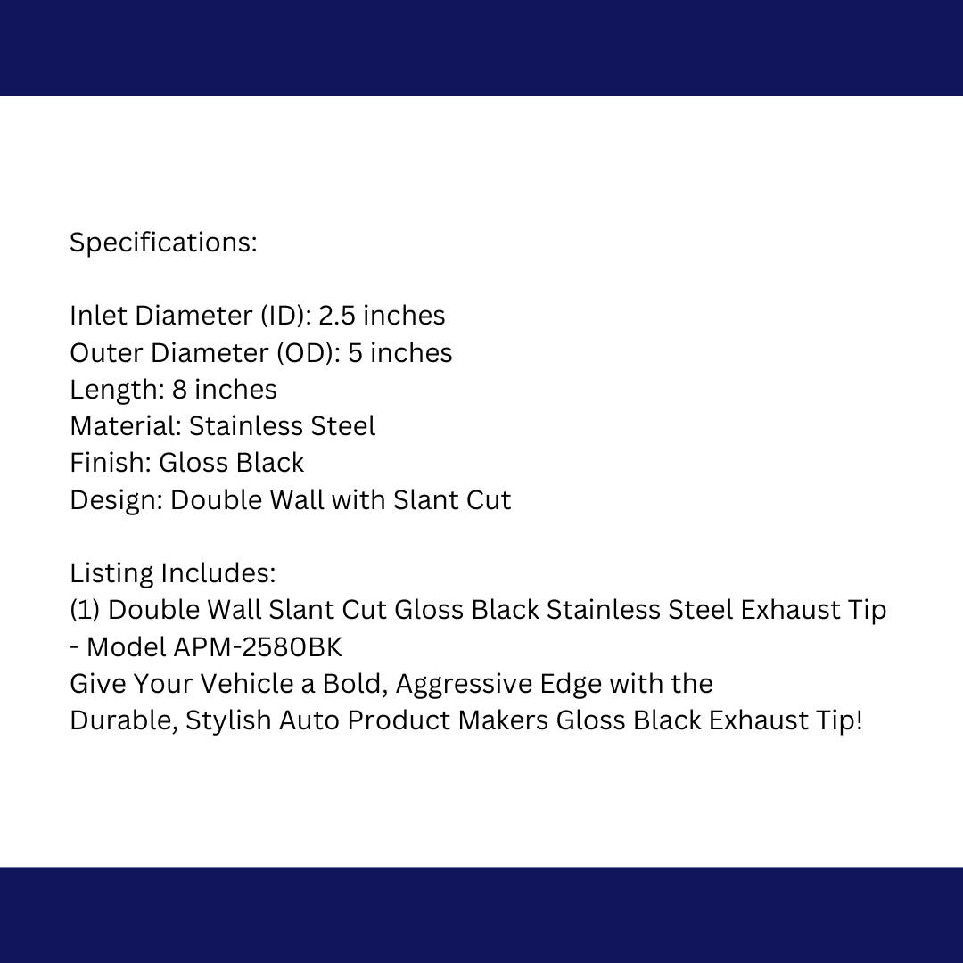 2.5" IDX5"X8" Double Wall Slant Cut Stainless Gloss Black Exhaust Tip 2580BK