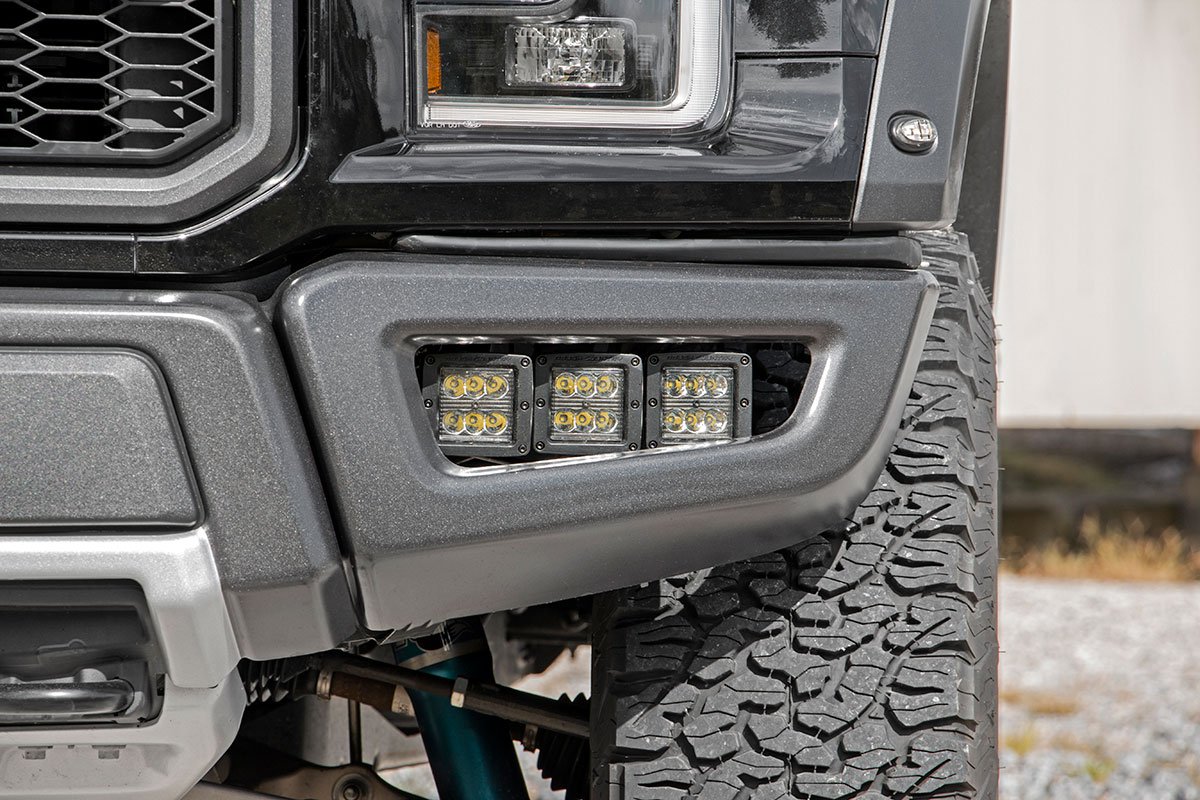 Fits Ford Raptor 4WD (17-20) LED Light Kit; Fog Mount; Triple 2" Black; 70700