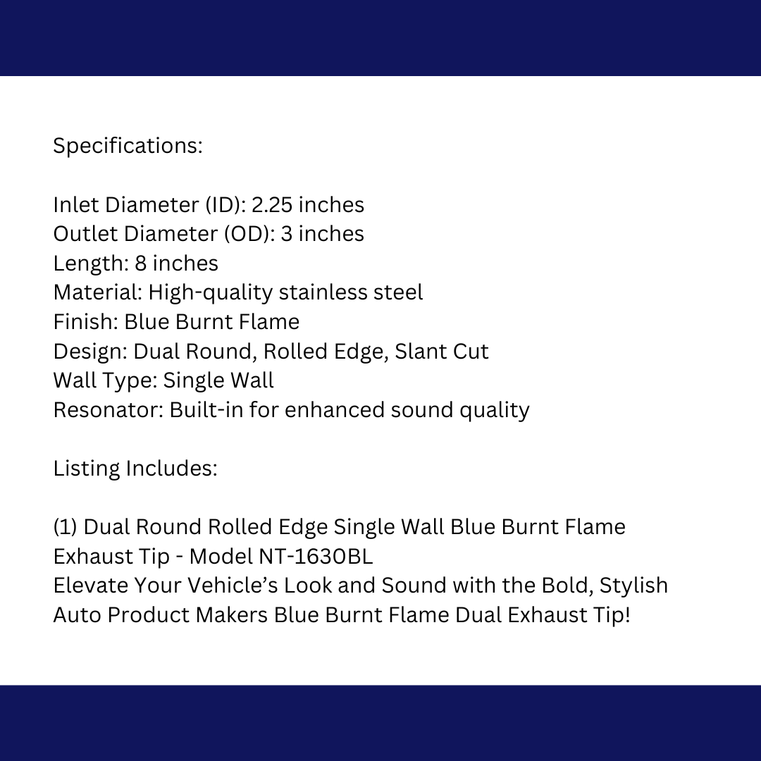 2.25" ID/3" OUT/8" Single Wall w/Resonator Slant Cut Exhaust Tip-Blue NT-1630BL