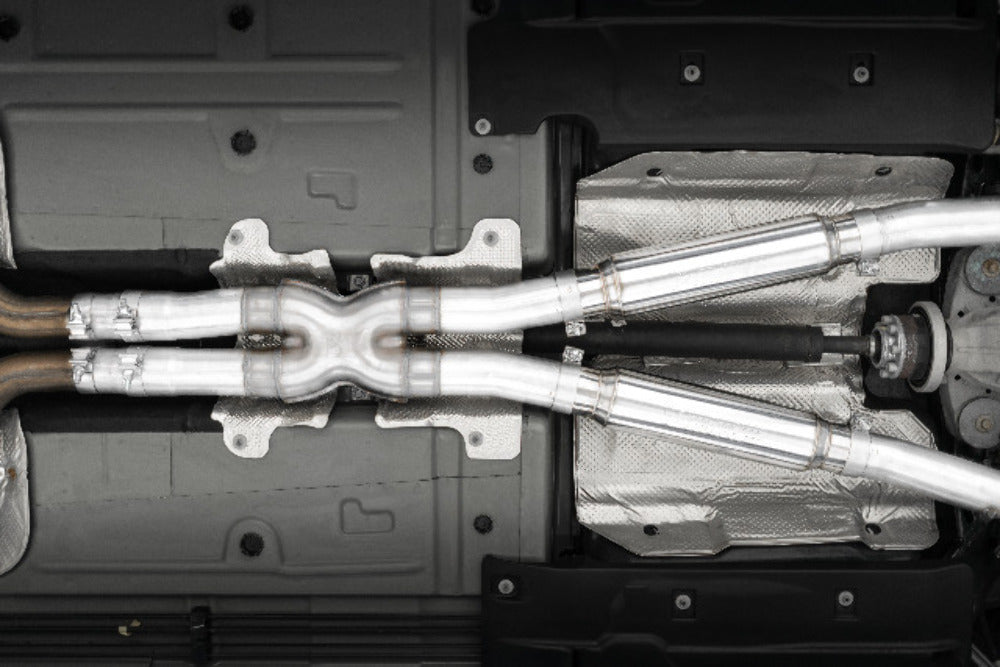 Fits 2016-2023 Dodge Challenger 3in. Cat Back; Dual Rear; Quad Tips - S71133CF