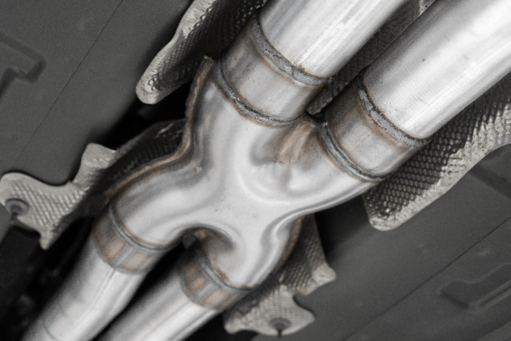 Fits 2015-2016 Dodge Challenger 3in. Cat Back; Dual Rear; Quad Tips - S71153CF