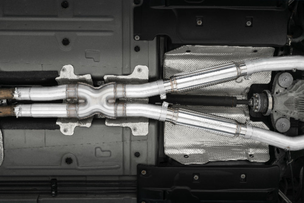 Fits 2015-2016 Dodge Challenger 3in. Cat Back; Dual Rear; Quad Tips - S71153CF