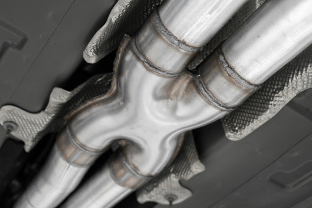 Fits 2015-2016 Dodge Challenger 3in. Cat Back; Dual Rear; Quad Tips - S71153CF