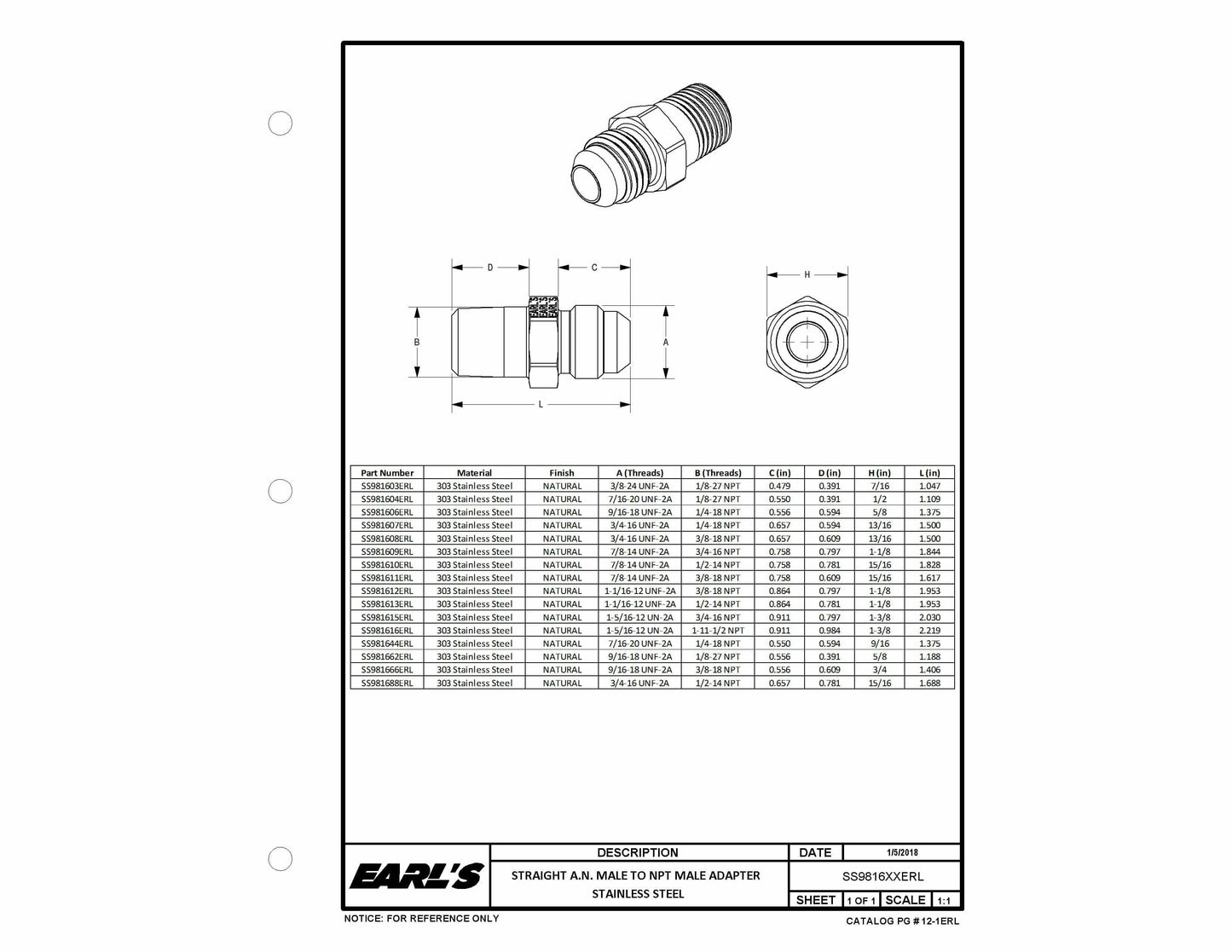Earls Straight Male AN -6 to 1/4 NPT - SS981606ERL