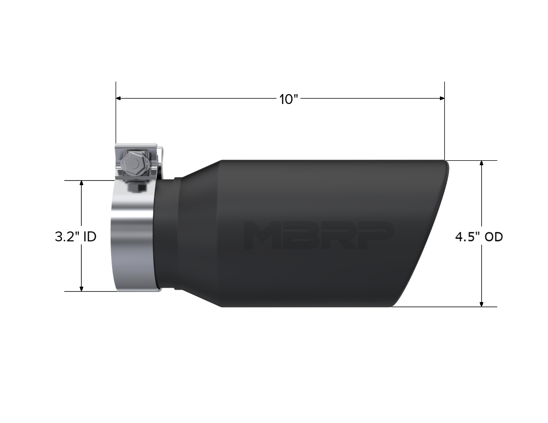 4.5in. OD; 3.2in. inlet; 10in. in length; Angled cut Rolled End; BLK - T5196BLK - Exhaust Tips Car Part People