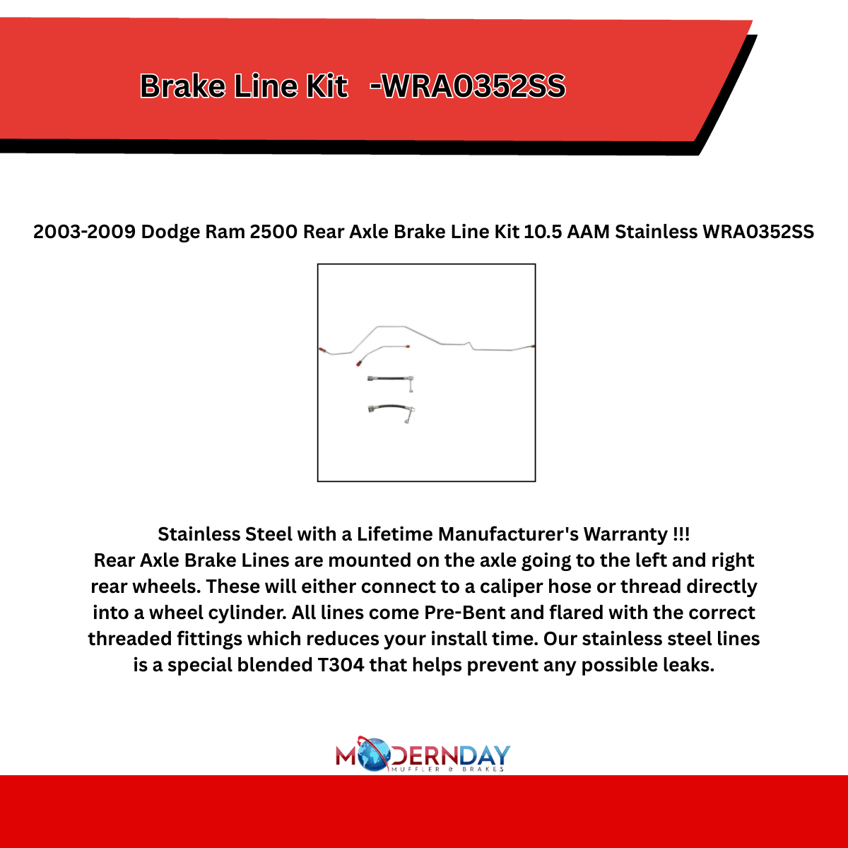2003-2009 Dodge Ram 2500 Rear Axle Brake Line Kit 11.5 AAM Stainless WRA0352SS