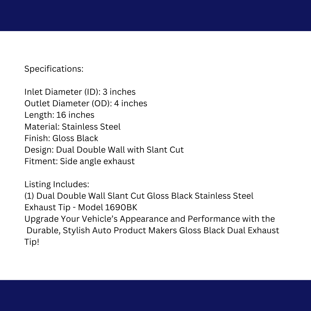 3" IDX4"X16" -Dual Double Wall Slant Cut S/S Gloss Black Exhaust Tip 1690BK