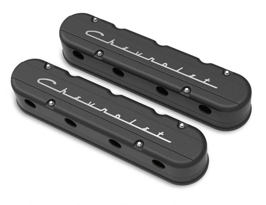 2-Pc LS Chevrolet Script Valve Covers - Black Machined Finish - 241-177