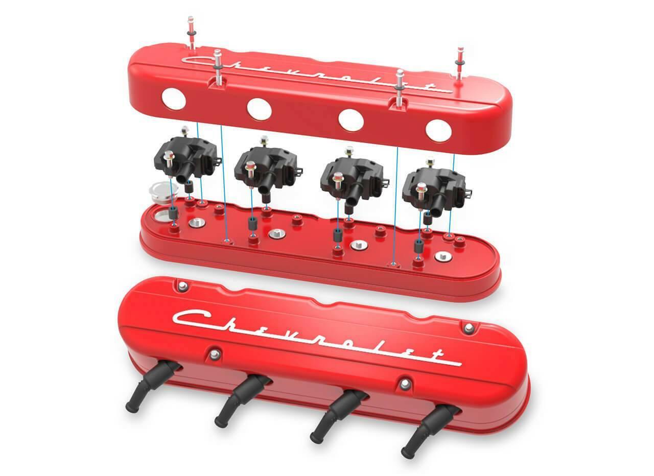 2-Pc LS Chevrolet Script Valve Covers - Gloss Red Machined Finish - 241-179
