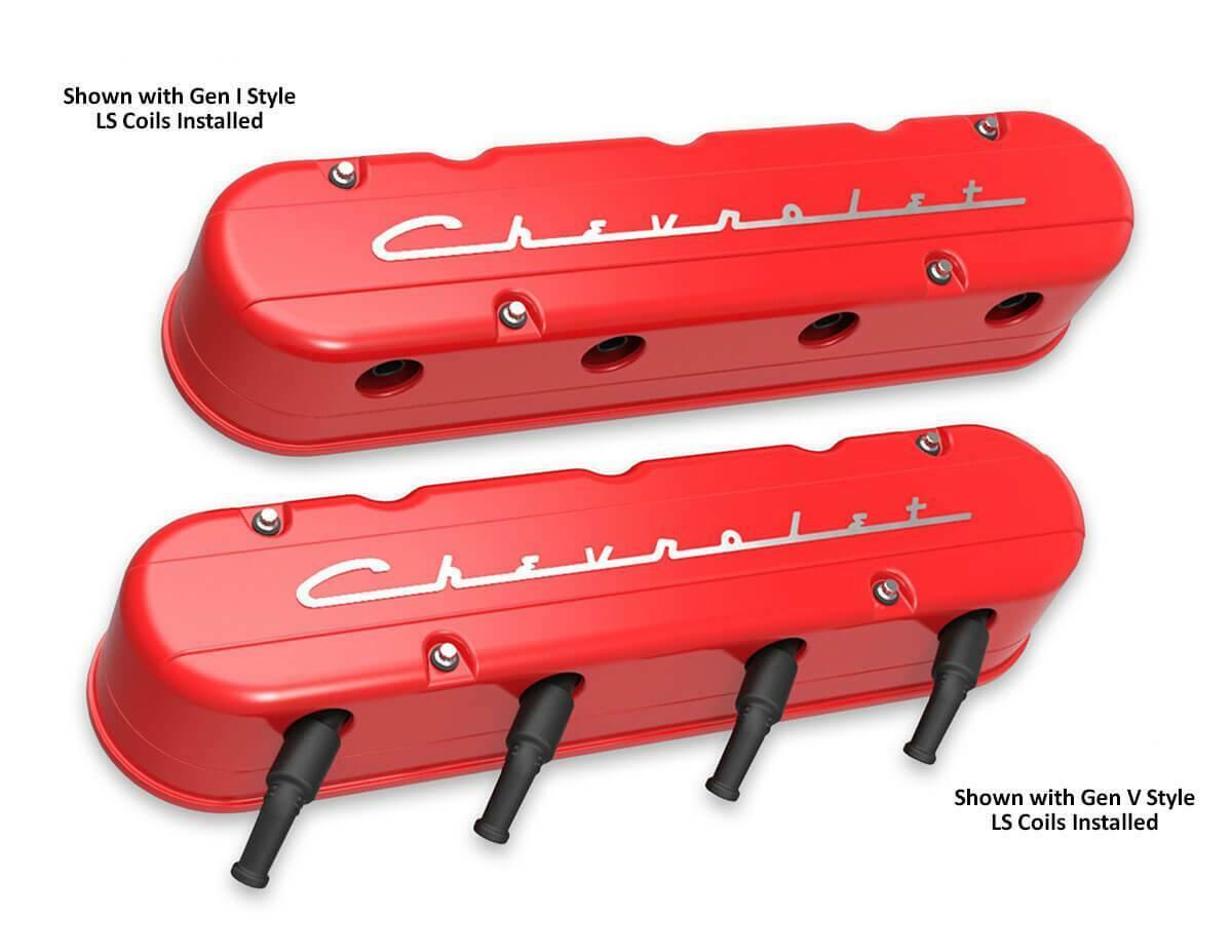 2-Pc LS Chevrolet Script Valve Covers - Gloss Red Machined Finish - 241-179