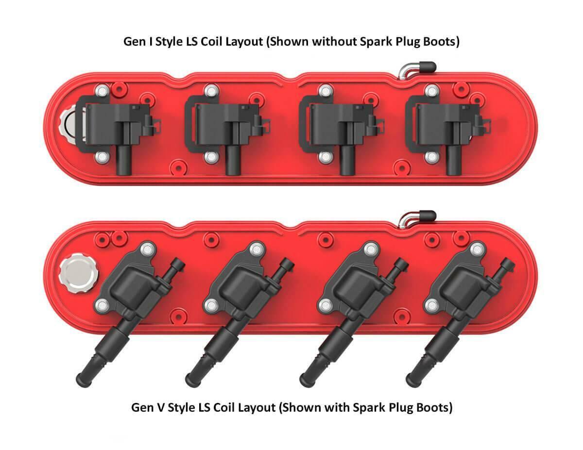 2-Pc LS Finned Valve Covers - Gloss Red Finish with Machined Fins - 241-184