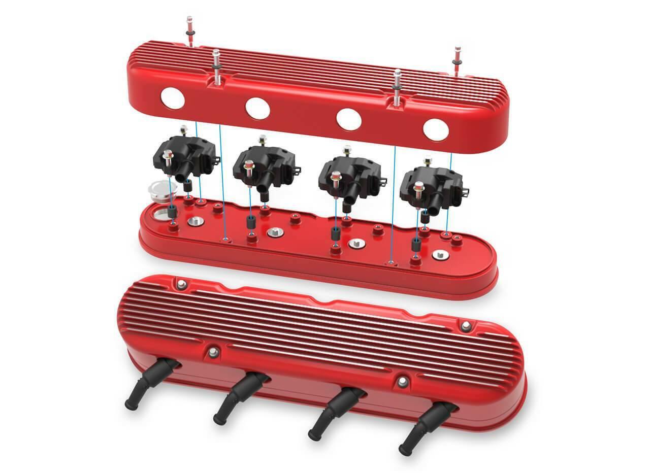2-Pc LS Finned Valve Covers - Gloss Red Finish with Machined Fins - 241-184