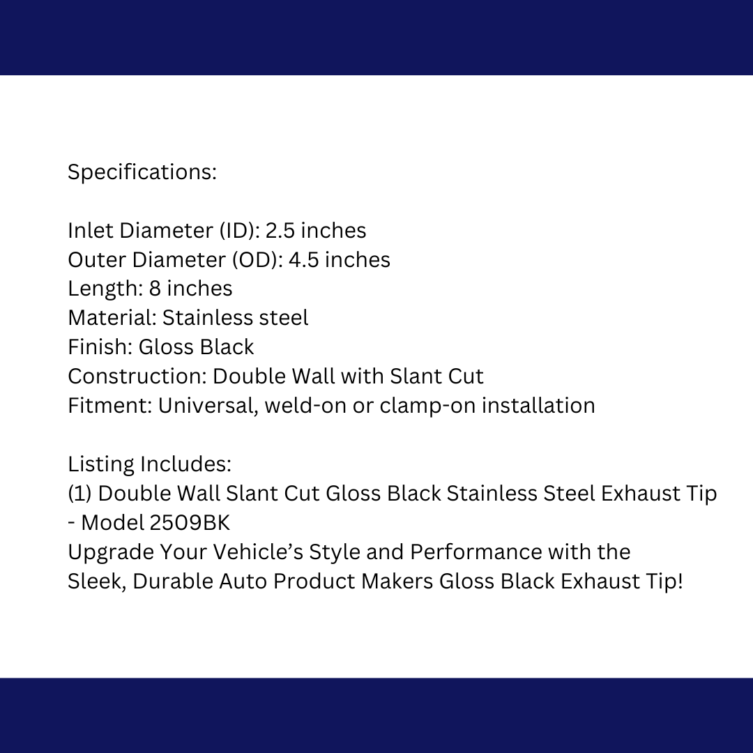 2.5" IDX4.5"X8" Double Wall Slant Cut Stainless Gloss Black Exhaust Tip 2509BK