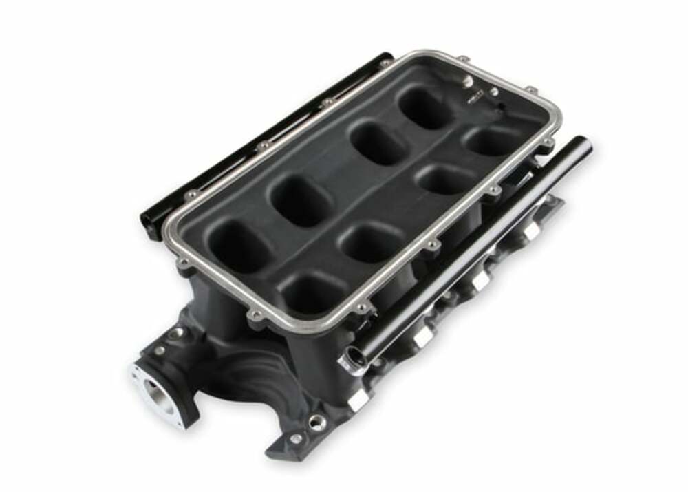 8.2 SBF Ford Hi-Ram EFI Manifold with Side Mount Top-Black - 300-306BK