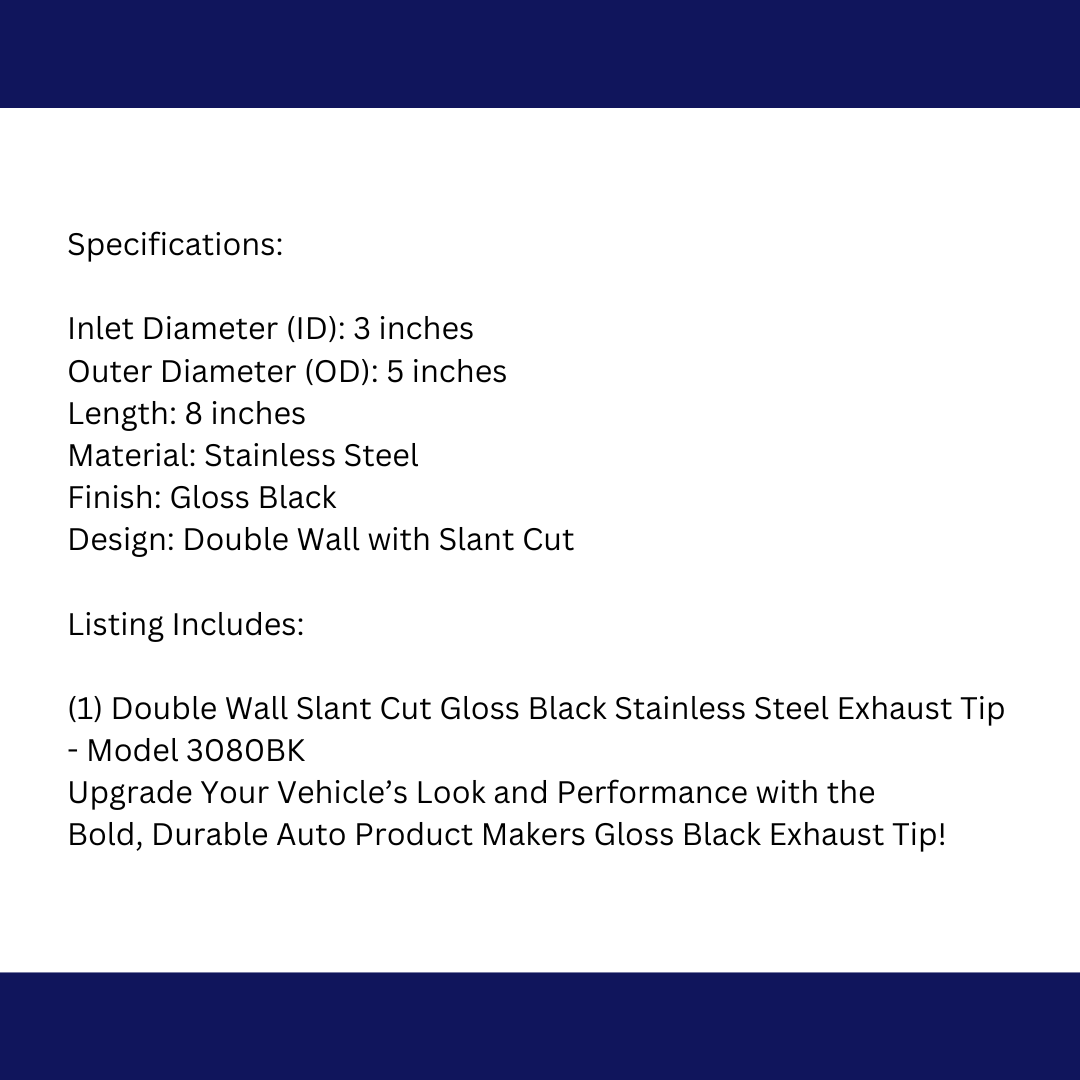 3" IDX5"X8" Double Wall Slant Cut Stainless Gloss Black Exhaust Tip 3080BK