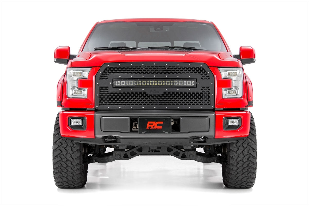 Fits Ford F-150 (15-17) Mesh Grille; 30" Dual Row LED; Black; Amber DRL 70193BDA