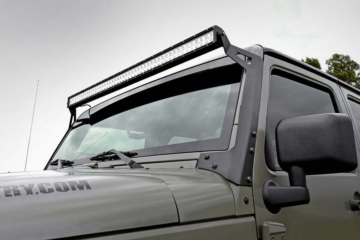 Fits Jeep Wrangler JK (07-18) LED Light Mounts; Upper Windshield; 50"; 70504