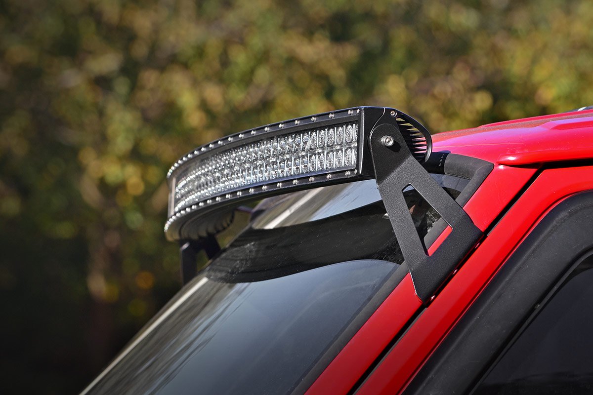 Fits Jeep Cherokee XJ (84-01) LED Light Mount; Upper Windshield 50" Curved 70517
