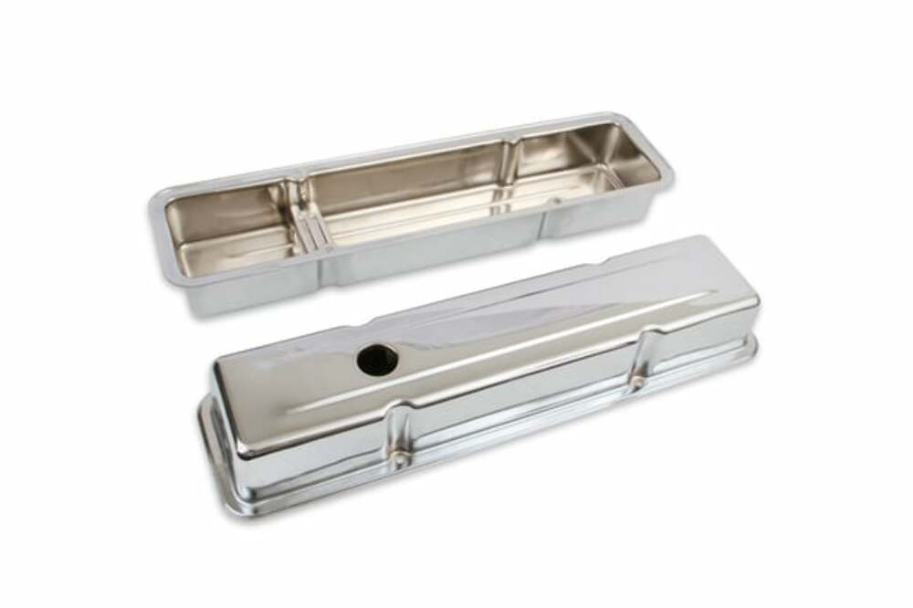 Mr. Gasket  9800 - Chrome Valve Covers - Dual Cap Holes - Fits 1960-1986 Chevrolet Small Block 262-400