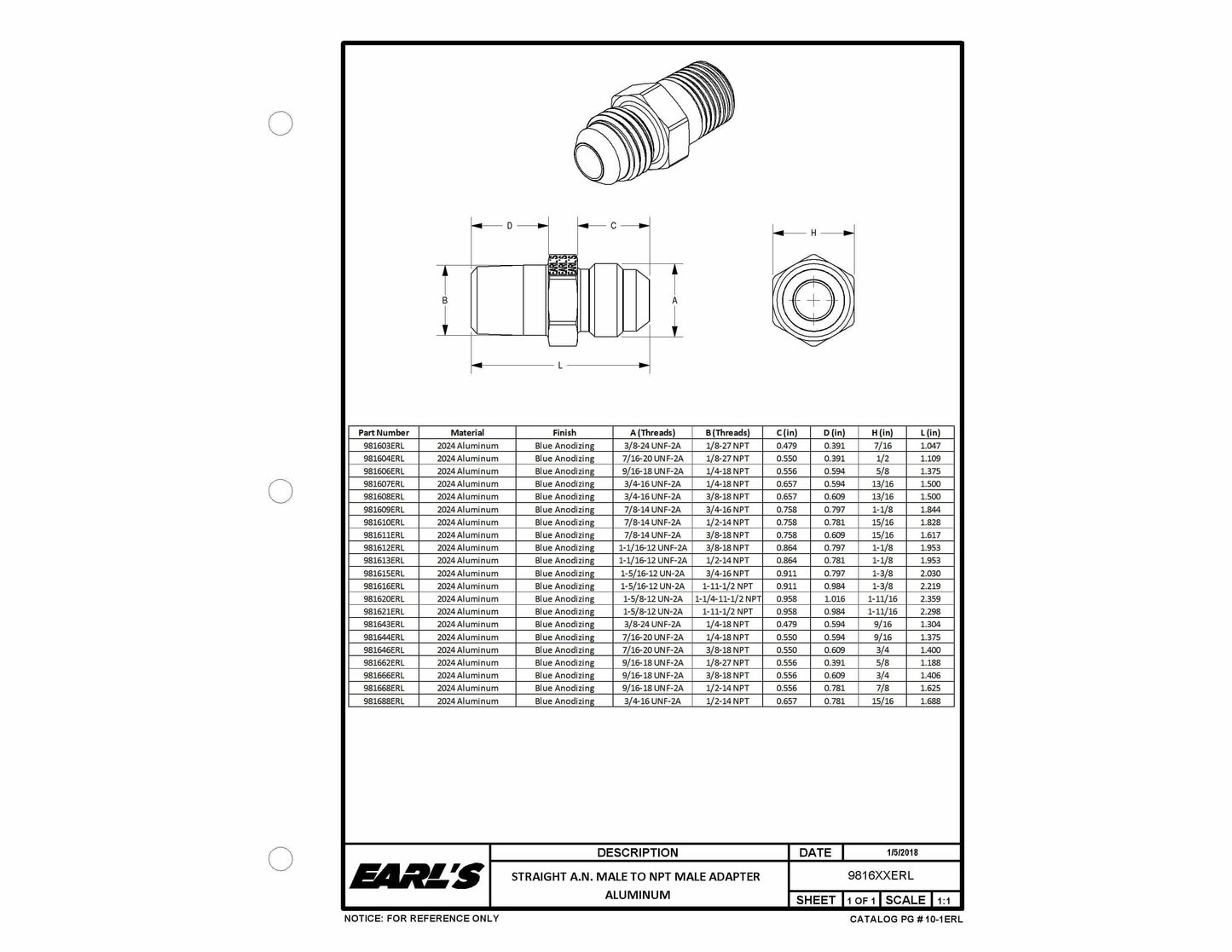Earls Straight Male AN -10 to 3/8 NPT - 981611ERL
