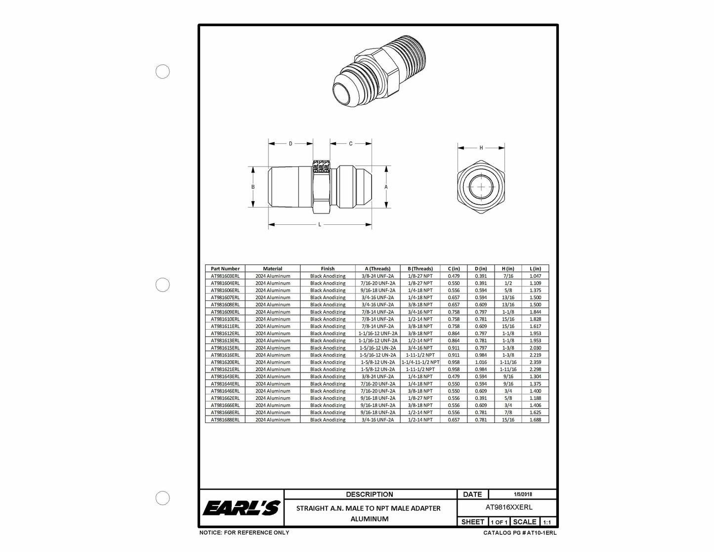 Earls Straight Male AN -10 to 3/8 NPT - AT981611ERL