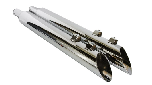 A pair of polished chrome motorcycle exhaust tips with mounting brackets, shown on a plain white background.