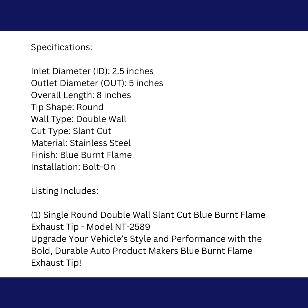 2.5" ID/5" OUT/8" Single Round Double Wall Slant Cut Exhaust Tip-Blue NT-2589