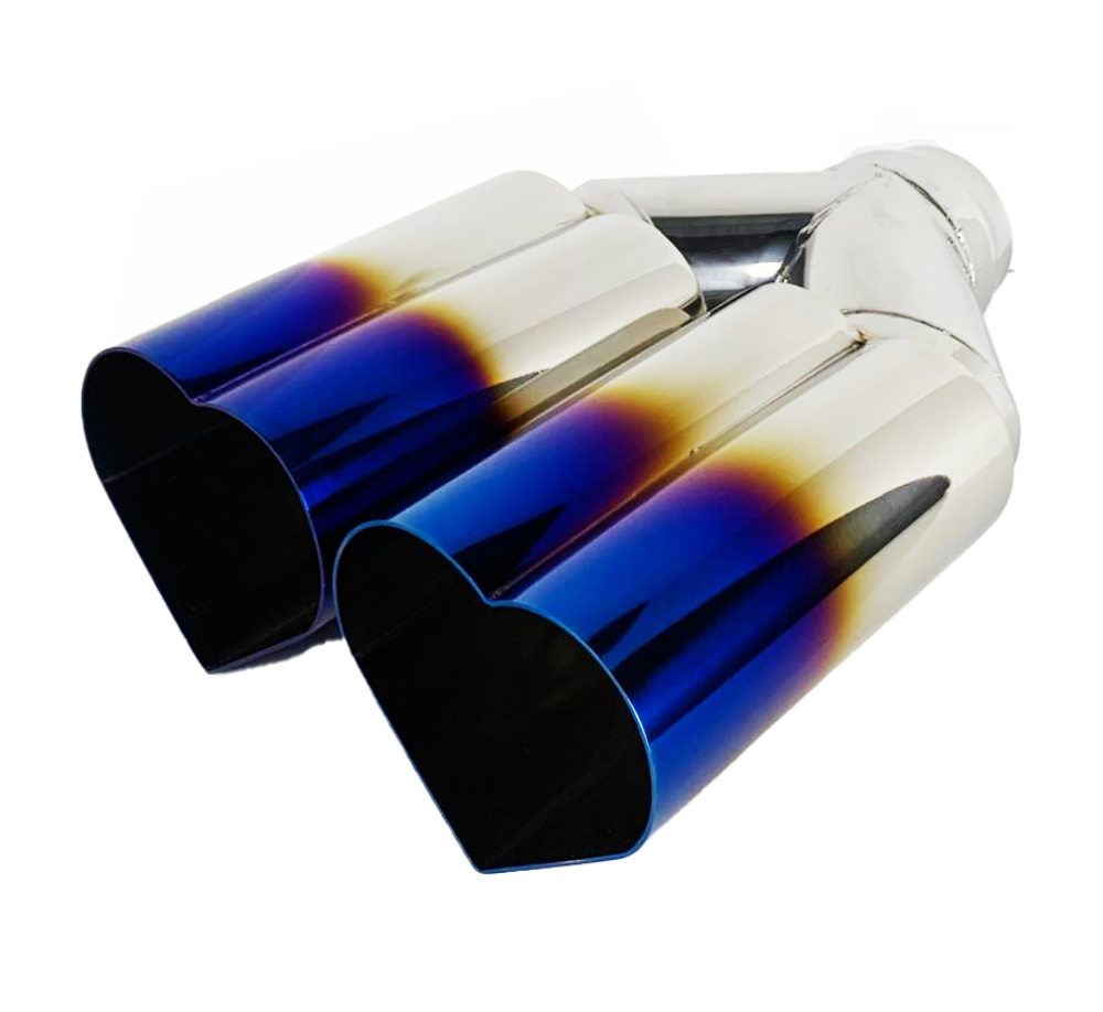3" ID/4" OUT/12" Dual Heart Shape Exhaust Tip Blue Burnt Flame NT-HEART-2BL