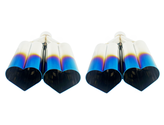3" ID/4" OUT/12" Dual Heart Shape Exhaust Tip Blue Burnt Flame NT-HEART-2BL
