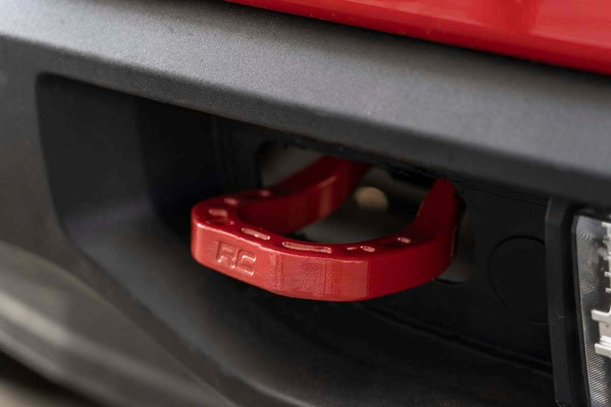 Fits Chevy Silverado 1500 2WD/4WD (2019-2024) Tow Hooks; Forged; Red; RS132
