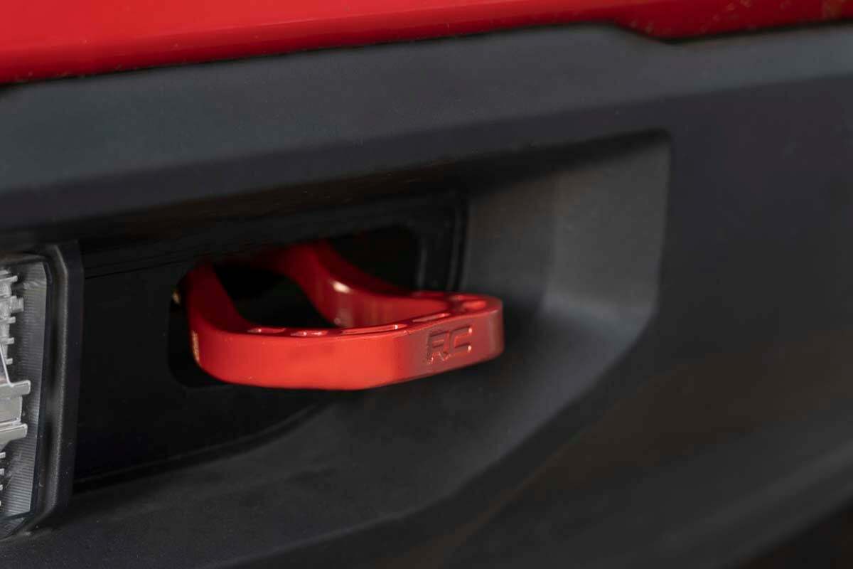 Fits Chevy Silverado 1500 2WD/4WD (2019-2024) Tow Hooks; Forged; Red; RS132