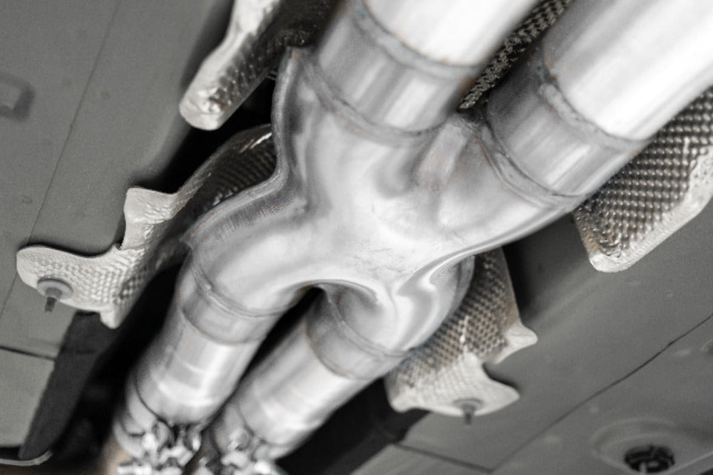 Fits 2016-2023 Dodge Challenger 3in. Cat Back; Dual Rear; Quad Tips - S71133CF