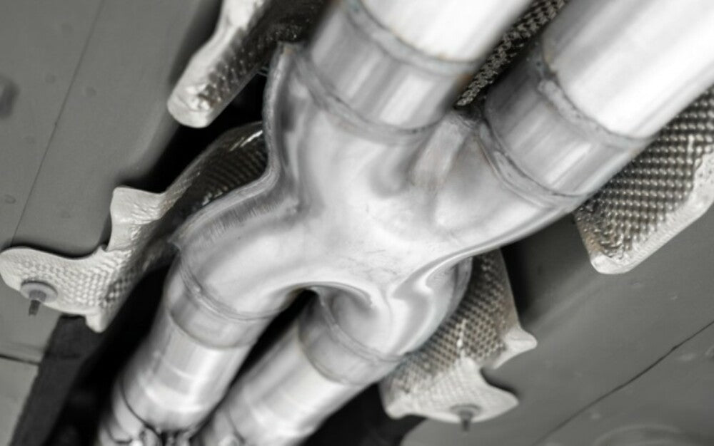 Fits 2017-2018 Dodge Challenger 3in. Cat Back; Dual Rear; Quad Tips - S71143CF