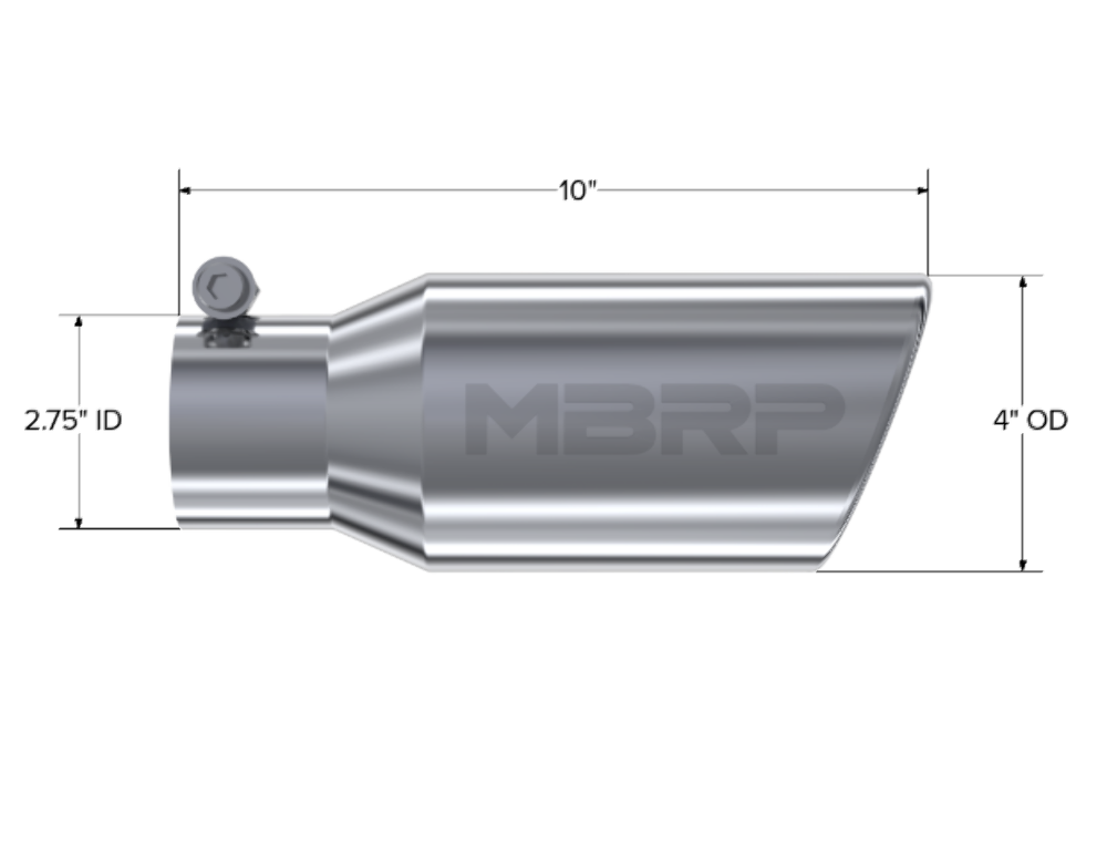Tip; 4in. O.D. Angled Rolled End 2 3/4in. inlet 10in. length; T304 - T5157 - Exhaust Tips Car Part People